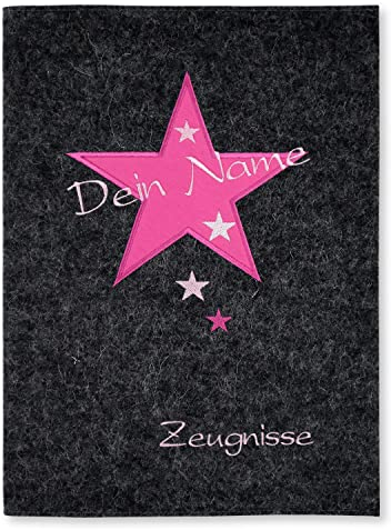 Goldi-Design Zeugnismappe Stern anthrazit/pink personalisiert mit Namen 100% Wollfilzumschlag und Sichtbuch DIN A4 mit 20 Hüllen