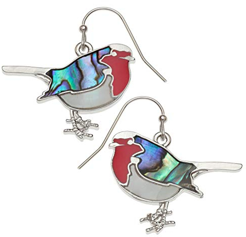 Kiara Jewellery Rotkehlchen-Ohrringe mit eingelegter natürlicher grüner Paua-Abalone-Muschel, Perlmutt und rotem Epoxidharz, hypoallergen., Silber/rhodiniertes Basismetall mit natürlicher