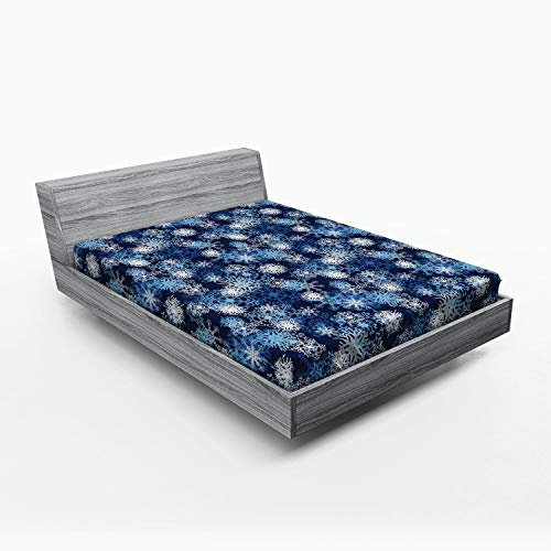 ABAKUHAUS Winter Spannbetttuch, Aufwändige Schneeflocken Weihnachten, Soft Dekorativer Stoff Bettwäsche Rund-um Elastischer Gummizug, 140 x 200 cm, Blassblau Dunkelblau