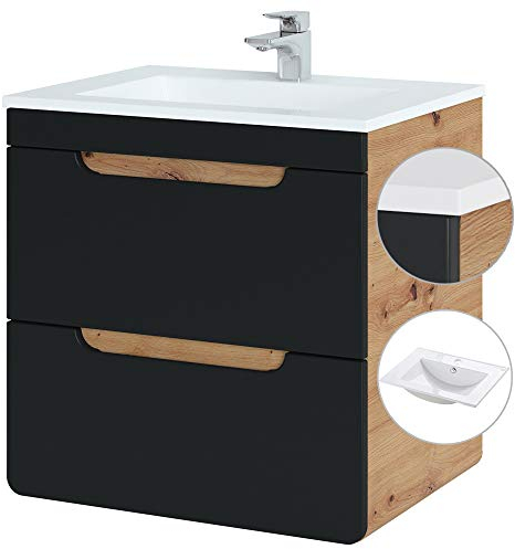 Lomadox Badmöbel Waschtisch Set mit 60 cm Unterschrank seidenmatt anthrazit, Wotan Eiche Nb., Keramik-Waschbecken, Softclose-Schubkästen, B/H/T ca. 61/60,8/46 cm