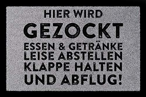 Interluxe Fußmatte mit Spruch - Hier Wird gezockt - 40x60cm Fussmatte als Geschenk für Gamer, Spieler, Zocker als Türmatte oder Teppich (Hellgrau)