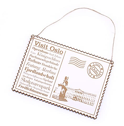 Schild Briefmarke Holzschild mit Spruch Graviert - I love Oslo | Visit Oslo - Postkarte Deko 20x13cm | Dekolando Home Accessoires