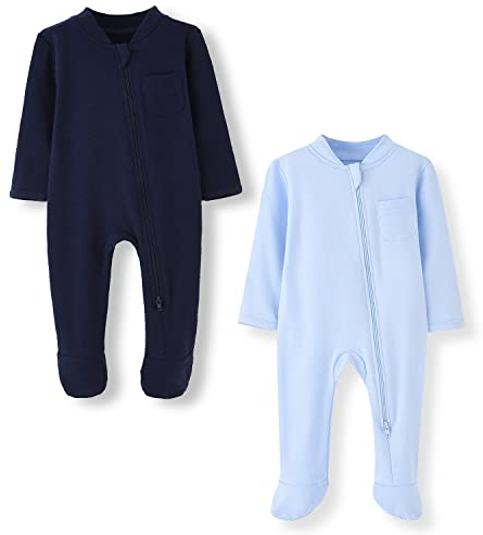 BINIDUCKLING Baby-Jungen Mädchen Schlafanzug - 2-Wege-Reißverschluss, Baumwolle, mit Füßen, 2er-Pack - Baby Schlafstrampler für Neugborene 0-3 Monate, Marine Blau&Hell Blau