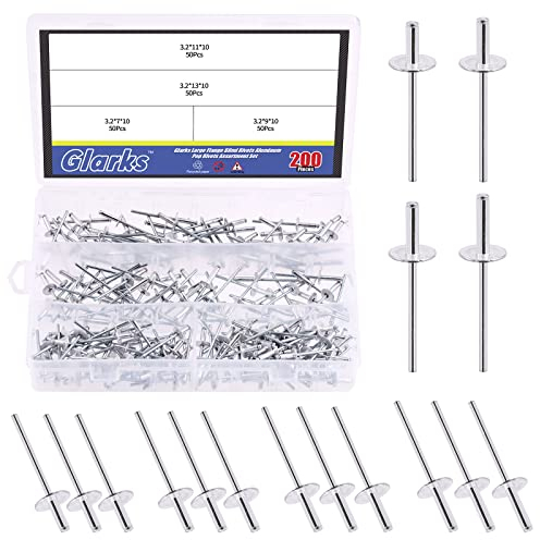 Glarks 200 remaches ciegos de aluminio de 1/8 pulgadas x 1/4 pulgadas, 1/8 pulgadas x 3/8 pulgadas, 1/8 pulgadas x 7/16 pulgadas, 1/8 pulgadas x 1/2 pulgadas con brida grande para unir tubos de metal
