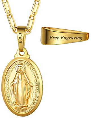 U7 Herren Kette mit Gravur Halskette Jungfrau Maria Kette Messing Heiliger Medaille Amulett Oval Anhänger mit Wundertätig Medaille Kettenanhänger Gold Kette Gravur Collier Modeschmuck für Muttertag