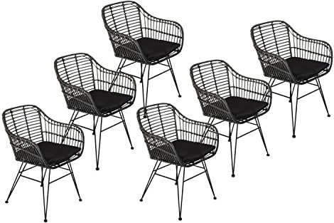 SAM 6er Set Rattanstuhl Antalya, Farbe Anthrazit, inklusive Sitzkissen, Korbstuhl mit Metallfüßen, Geflechtstuhl/Eisenstuhl im Retro-Design, Esszimmerstuhl mit Armlehnen