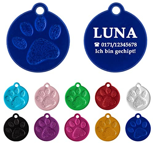 Ibera gifts - Hundemarke mit Gravur und personalisierte Hundemarke rund mit Pfote für mittelgroße bis große Hunde und Katzen (M-L, Blau)