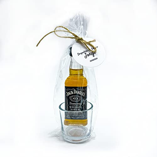 Mini JackDaniels en botella de cristal 50 cl de 40% vol Con Vasito de Chupito y Etiqueta Personalizada para Regalar en Bodas, Comuniones o Bautizos (JackDaniel's, 24)