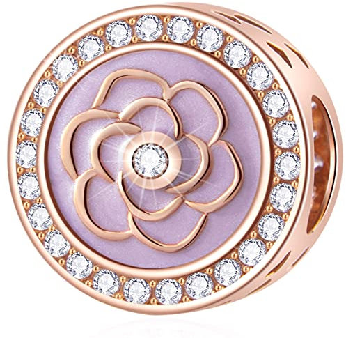 Rose Flower Bloom Charms in Rose Gold, 925 Sterling Silver Pink Flower Enamel Beads with CZ, fit Pandora Bracelet/Necklace, Gifts for Daughter in Law/Grandma/Mothers Day