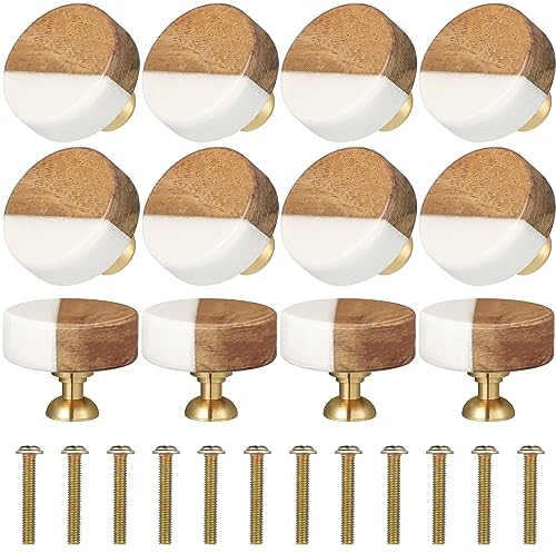 Qunclay 12 Stück weiße Marmorsteinknäufe aus Holz, moderne Schubladenknöpfe, runde Kommode, Ziehgriff, Hardware, dekorative Holzschublade, kleine Möbel für Schrank, Schreibtisch, 12 Stück