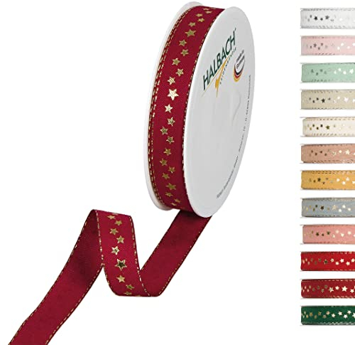Halbach Seidenbänder 295-015-765-18 Sterne Geschenkband Weihnachten, Polyester, Dunkelrot, 1.5 cm