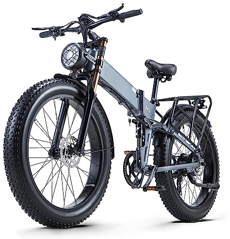 Ficyacto Elektrofahrrad Klappbares E-Bike 26“ Pedelec mit Abnehmbarer 48V20Ah Akku bis 60 km, 7 Gänge, Retro Scheinwerfer,Down Hill Aufhängung,Herren und Damen (Grau)