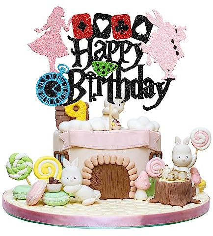 Gyufise 1Pc Alice in Wonderland Birthday Cake Topper Gold Glitter Magical Poker Bunny Bowl Clock Fairy Happy Birthday Cake Pick for Baby Shower Kids Girls Birthday Tea Party Cake Decorations Supplies