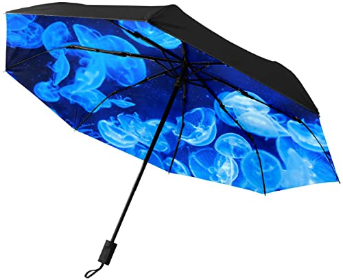 GISPOG Automatischer, faltbarer Regenschirm, Quallen, blaue Kreatur, Unterwasser, wasserdicht, kompakt, für Sonne und Regen, einfarbig, Einheitsgröße