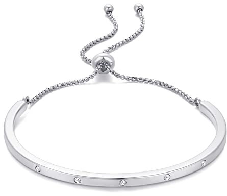 WOWORAMA Zierliches Silberarmband für Damen verstellbare BoloSchiebearmbänder stapelbares Freundschafts Liebesarmband Zirkonia Titanstahl Manschettenarmreifen