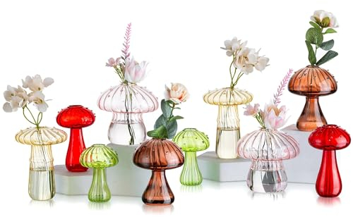 Glasseam Pilzförmige Glasvase, Deko Vase Bunt 10er Set, Blumenvase Modern, Kleine Vasen für Tischdeko, Pilz Vasen Glas Propagation Station für Schlafzimmer Tisch,Minivasen für Tischplatten Dekoration