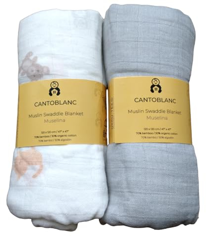 Cantoblanc® MUSELINAS bebé ALGODÓN BAMBÚ 120x120 cm, 2 UDS Extra Suaves. Arrullo Bebé Recién Nacido Invierno Verano. Toalla Manta Bebé Recién Nacido. Gasas Muselina Bambú Pañales Fraldas Pano.