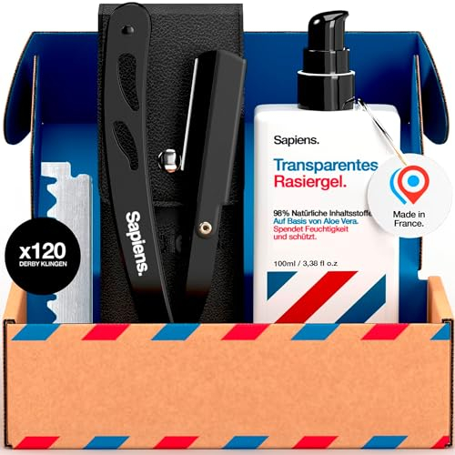 Sapiens Barbershop Kit Rasage Homme - Kit Rasoir Barbier avec Rasoir Coupe Choux Barbe + Gel de Rasage Transparent + 120 Lames Derby (1 an de rasage)