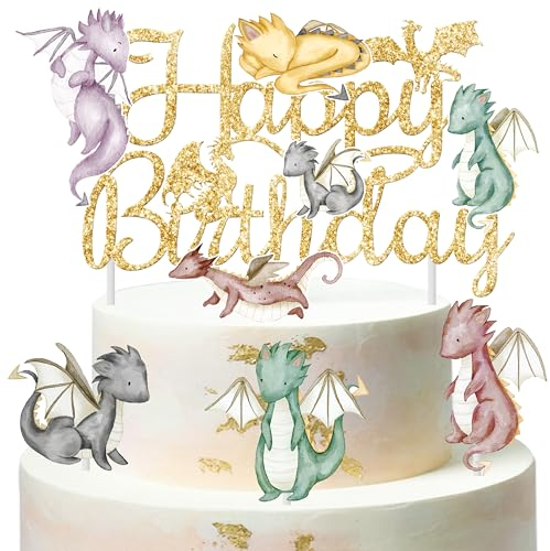 Dragon Birthday Party Cake Toppers Gold