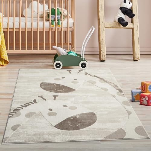 carpet city Kinderteppich Creme, Beige - 120x160 cm - Tier-Muster Giraffen - Kurzflor Teppiche Kinderzimmer, Spielzimmer
