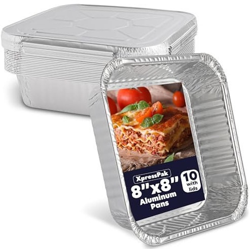 XpressPak Bandejas de papel de aluminio con tapas (20 x 20 cm), bandejas de aluminio desechables, bandejas de papel de aluminio para hornear, asar y preparar alimentos, paquete de 10 unidades