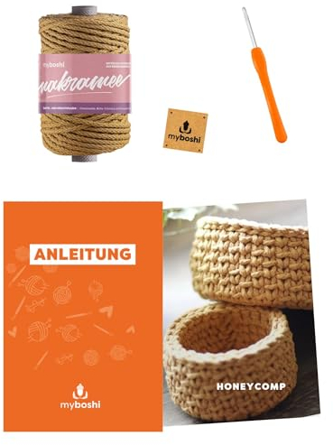 myboshi Häkelset Osterkörbchen Honeycomp für Anfänger, inkl. Makramee Garn, Häkelnadel, Anleitung, original Label in Lederoptik, 100% Baumwolle Gelb (Honig) mit Häkelnadel