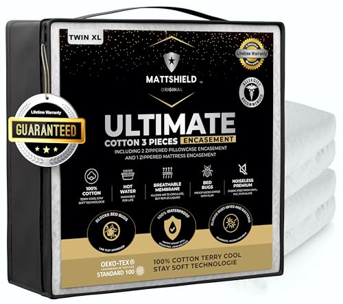Mattshield Ultimate, Kit coprimaterasso da 3 pezzi per letto da una piazza e mezza, con coprimaterasso e 2 protezioni per federe con cerniera, in 100% cotone, con rivestimento impermeabile su 6 lati