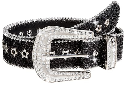 Damen Strass Gürtel für Jeans,Punk PU Ledergürtel,Glitzer Gürtel für Western Cowgirl Cowboy,Y2k Bling Nieten-Ledergürtel,Glänzender Taillengürtel für Hosen, Kleider (Silber/Schwarz) (Schwarz))