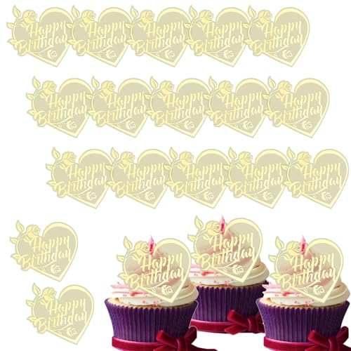 Ylapagne 20 Pieces Acrylic Cupcake Toppers Happy Birthday Cake Toppers Gold Heart Rose Mirror Cake Toppers for DIY Cupcake Decorations
