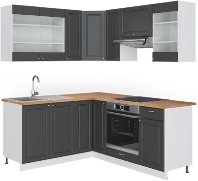 Vicco Eckküche Fame-Line, Küchenzeile in L-Form, Anthrazit-Gold/Weiß, 160 x 190 cm, AP Eiche