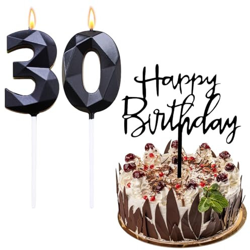 Bolosa Kerze 30 Geburtstag Frau Mann, Geburtstagskerze 30 und Happy Birthday Steckkarte, 30. Geburtstag Frau Mann, Zahlen Kerzen 30, Geburtstag 30 Jahre Frau, Kerzen 30 für Geburtstagsparty(Schwarz)