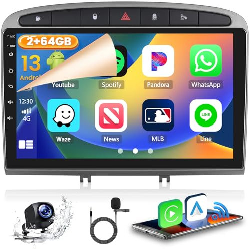 2+64GB Android 13 Autoradio pour Peugeot 308/408 2007-2015 Radio Carplay Android Auto sans Fil Hikity Poste Radio Voiture Écran Tactile 9 Pouces Bluetooth Stéréo WiFi FM RDS USB + Caméra de Recula