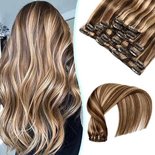 VINBAO Clip in Extensions Echthaar Balayage Gemischte Farbe 4 Schokoladenbraun bis Hervorgehoben 27 Dunkelblond Remy Clip in Haarverlängerung 16 Zoll 100g 6 Stück (#4P27,40cm)