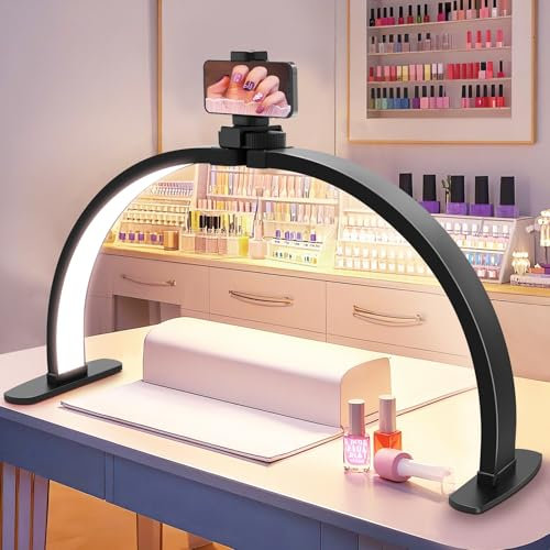Unipy Nail Half Moon Light: Big LED Arch Nail Tech Table Lamp with Phone Holder - Nail Studio Professional Desk Lamp 3 Modes Lighting for Manicure Technician