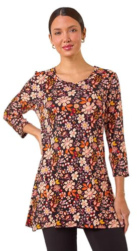 Roman Originals Hanky Hem Tunic Top for Women UK - Ladies Longline Blouse Asymmetric Hemline Casual Slouch Loose 3/4 Sleeves Round Neck Relaxed Comfortable Holiday - Orange Black - Size 10