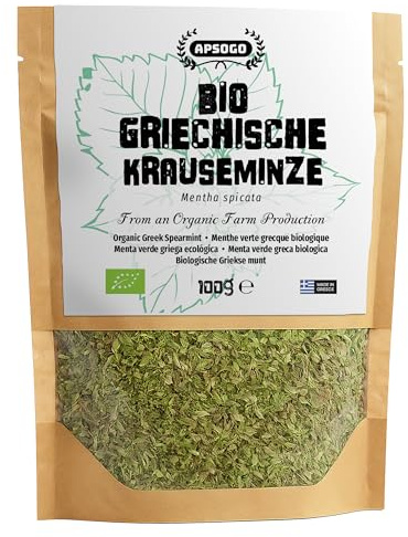 Apsogo Menta Romana Bio Greca - Menta Verde in Foglie, 100g | Menta romana bio (Mentha spicata) dal Peloponneso - raccolta a mano, foglie essiccate sfuse per tisana e cucina