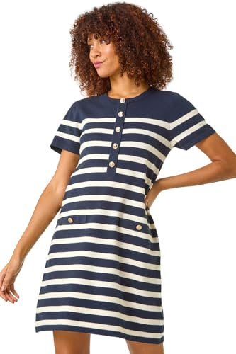 Roman Originals Knitted Button Detail A-Line Dress for Women UK - Ladies Everyday Autumn Winter Round Neckline Comfy Soft Evening Vacation Work Party Night Out - Navy - Size 18