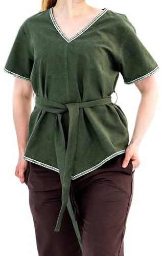 Leonardo Carbone® Damen Bluse Wikinger Tunika Matilda | V-Ausschnitt Mit Bordüre | Integrierter Gürtel | Karneval, Halloween, Cosplay, LARP, Tunika, Oberteil, Kostüm | 100% Baumwolle Grün 3XL