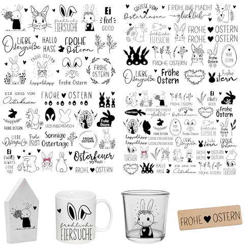 FloraVigo Rub On Sticker ca.A5 19x14cm-Spruch Deko zum Geburtstag, Keraflott, Hochzeit, Zuhause, Wischfolie für Möbel, Glas, Holz, Fotoalbum, DIY Deko, Aufkleberästhetik(4PCS) (OSTERN)