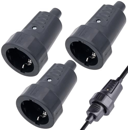 OVBOVA Schutzkontakt Gummikupplung mit Knickschutz, 3 Stück Schuko Kupplung Stromstecker, 250V/16A Bruchfest Schutzkontakt Kupplung, Europäische Kopplung Kupplung Kabel Gummi Schukostecker (Schwarz)