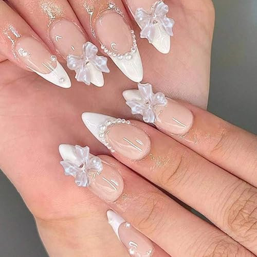 24pcs Almond French Tip False Nails with Pearl Bow - Easy Stick-On & Removable with Jelly Adhesive and Nail File - Ideal for Women, Brides, Nail Art & Accessories