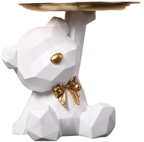 Bär Skulptur mit Tablett, Bär Figur Dekorative Tablett, Bär Skulptur Deko mit Tablett, Bären Tablett Deko, Kleine Bären Skulptur mit Metallschale, für Wohnzimmer, Eingangsbereich, Büro