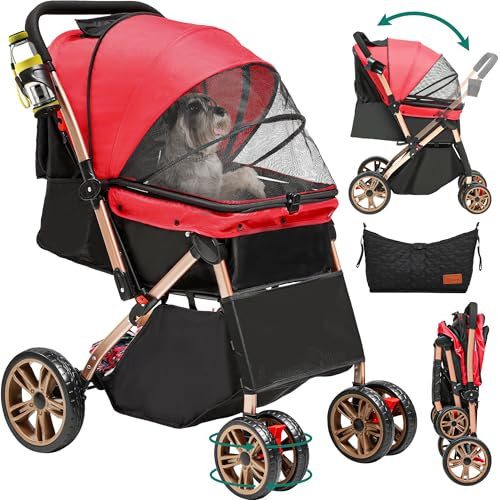 YITAHOME Hundewagen Hundebuggy klappbar für Hunde & Katzen bis 22 kg Katzenbuggy mit 360°-Drehrädern, Tragetasche, Kissen Netzfenstern Türen Katzenwagen mit Aufbewahrungskorb Buggy (Rot)