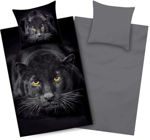 Aminata kids Mikrofaser Bettwäsche Jungen 135x200 - Wendebettwäsche mit Reißverschluss - Schwarzer Panther Motiv - Bügelfrei - vorteilhaft für Allergiker - schwarz