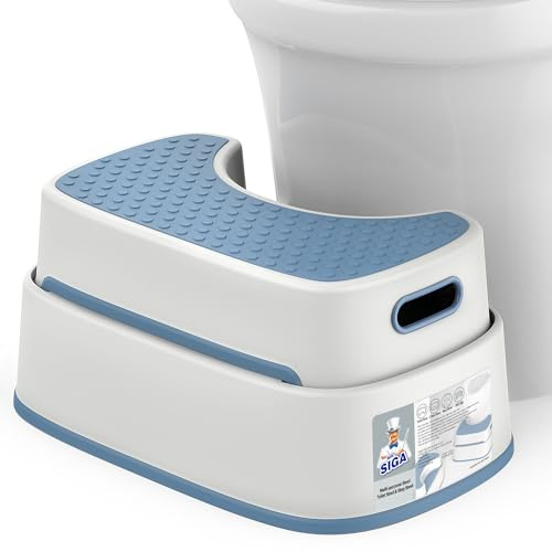MR.SIGA Sgabello da bagno per adulti, sgabello da bagno resistente, gradino antiscivolo, sgabello per bambini, bianco e grigio-blu