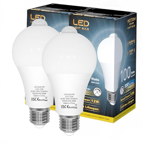 LUTW Glühbirne mit Bewegungsmelder, 12W E27 LED Lampe mit Bewegungsmelder Ersetzt 100W, 5000K Tageslichtweiß 1200lm, 220° Abstrahlwinkel Energiesparlampe für Flur, Garage, Balkon, Treppe, 2er Set