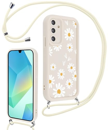 Vxinvnoi Handyband Handyhülle für Samsung Galaxy A16 5G 6,7 Hülle mit Band, Aesthetic Muster Blumen Case mit Kordel zum Umhängen, Weich TPU Bumper Dünn Silikon Stoßfest Cover für Samsung A16, Beige