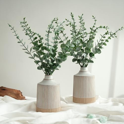 NUPTIO Künstliche Eukalyptus in Keramik Vase: Fake Pflanze in Modern Vasen für Küche Wohnzimmer Schlafzimmer Badezimmer - Artificial Eukalyptus für Frühling Tisch Deko Satz von 2