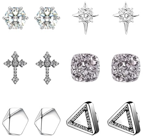 6 Paare Magnet Ohrringe set Herren Damen, Magnetische Ohrringe Intarsien Nicht Durchbohrend Diamant Aufsteckbares, Silber