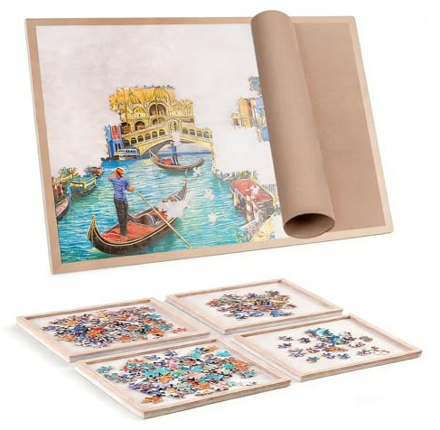 Faltbares Puzzletisch 1000 Teile mit 4 Sortierschalen & Abdeckung - rutschfeste Filz Puzzlematte - Leichtes Puzzlebrett - Tragbarer Puzzle Table - Puzzleplatte Geschenk für Erwachsene - Puzzle Board